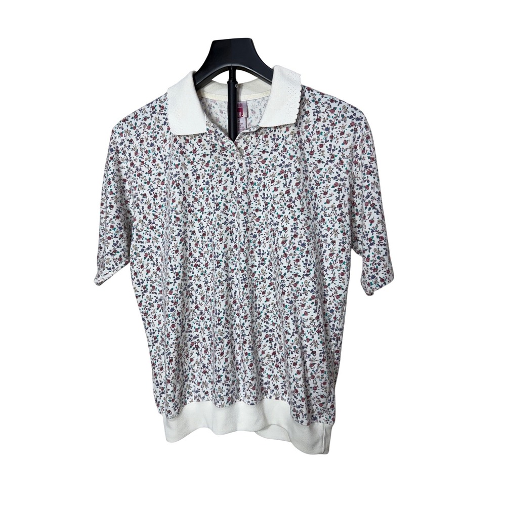 Sheridan Square Vintage Floral Polo Shirt Womens Medium White Collar 90s
